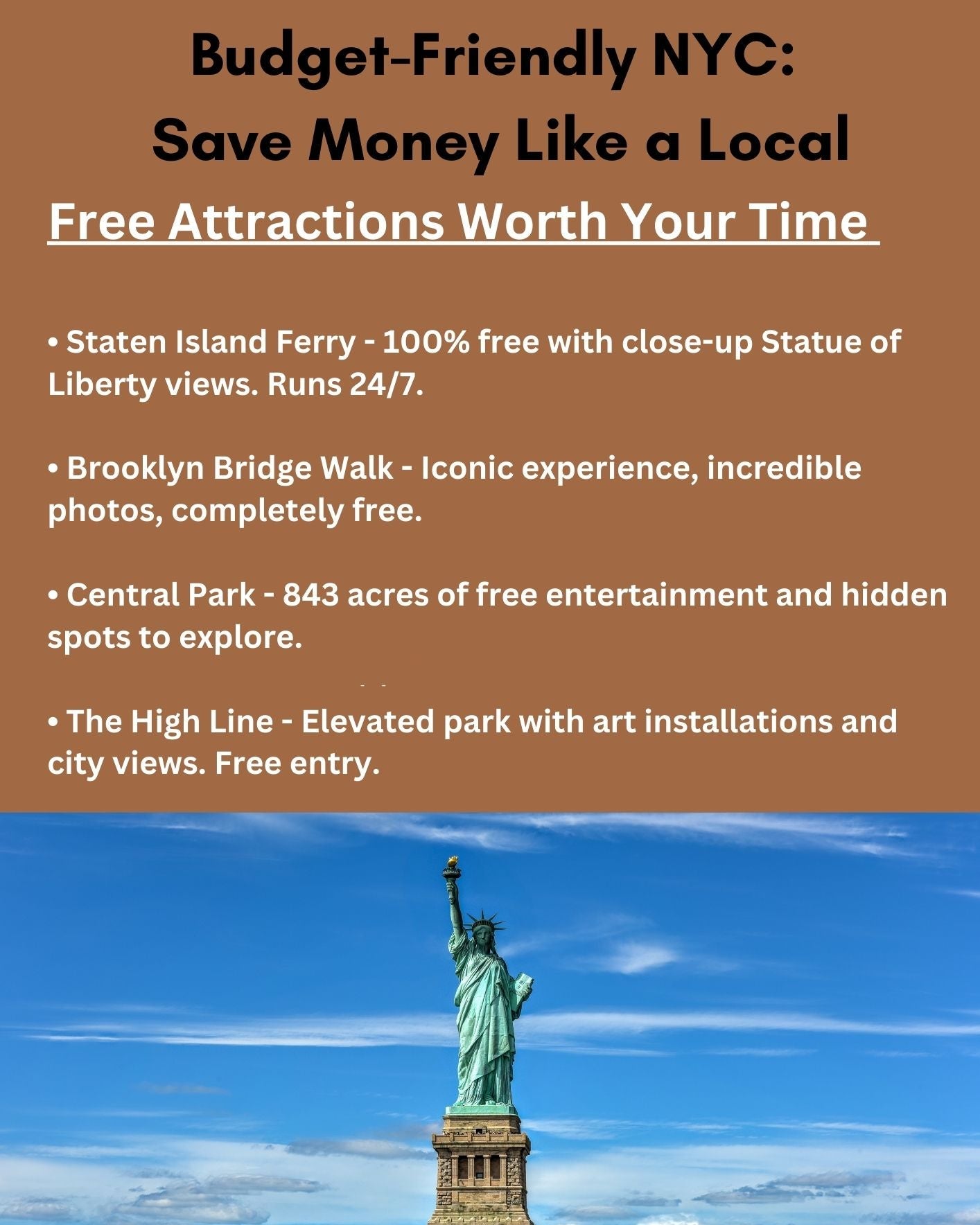 Statue of Liberty with text about budget-friendly attractions in NYC